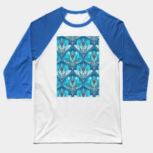 Art Deco Lotus Rising - black, teal & turquoise pattern Baseball T-Shirt